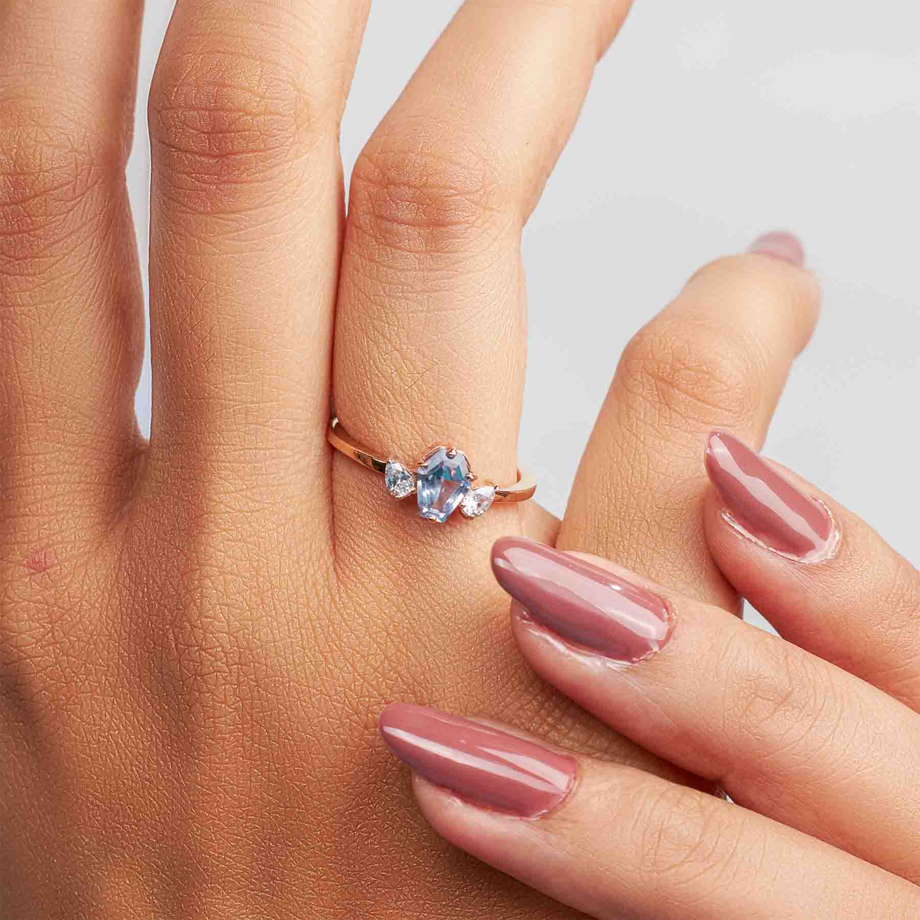 Coffin Cut Blue Titanic Gemstone and Pear Moissanite 3 Stone Engagement Ring