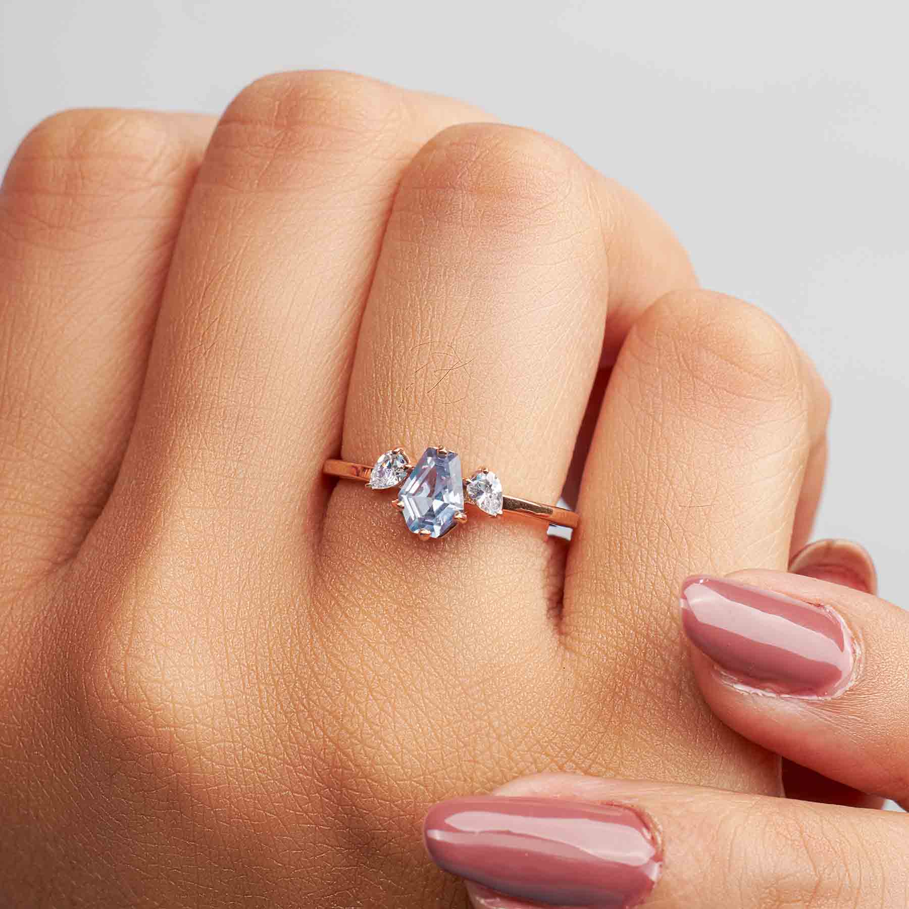 Coffin Cut Blue Titanic Gemstone and Pear Moissanite 3 Stone Engagement Ring