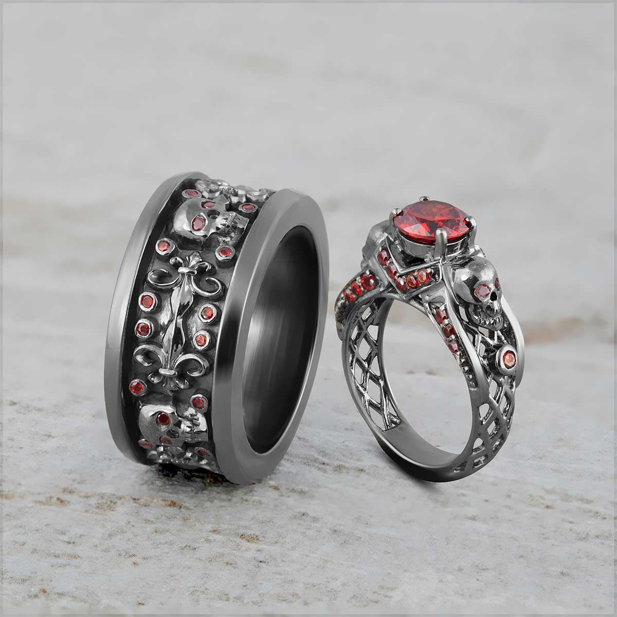 matching skull wedding ring set for couple