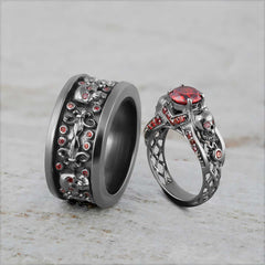 Vampire Skull Promise Rings Set Fleur De Lis Skull Matching Couple Set