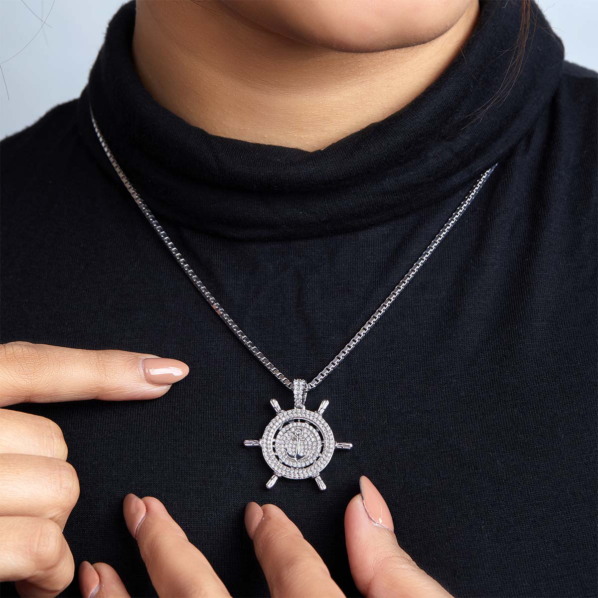 Steering Wheel and Anchor Pendant Necklace Diamond Iced Out Hip Hop Jewelry