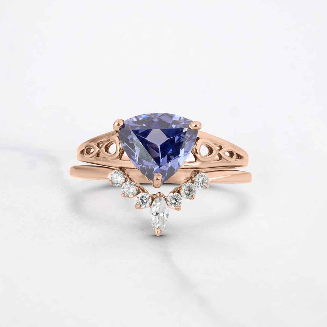 Trillion Cut Blue Titanic Gemstone Bridal Ring Set 14k White Gold