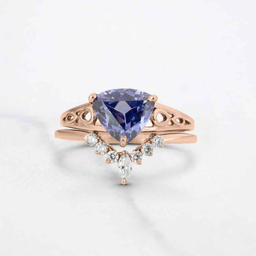 Trillion Cut Blue Titanic Gemstone Bridal Ring Set 14k White Gold
