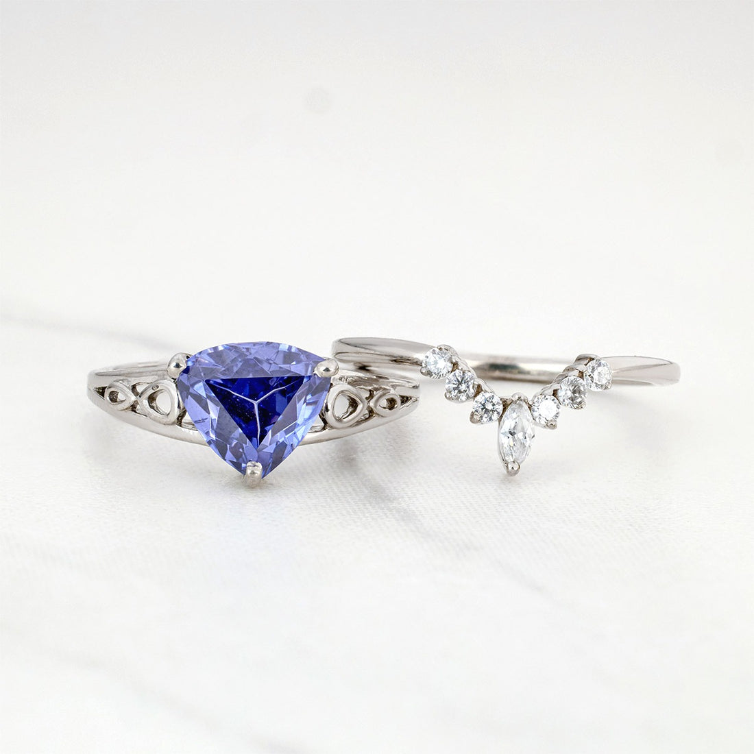 Trillion Cut Blue Titanic Gemstone Bridal Ring Set 14k White Gold