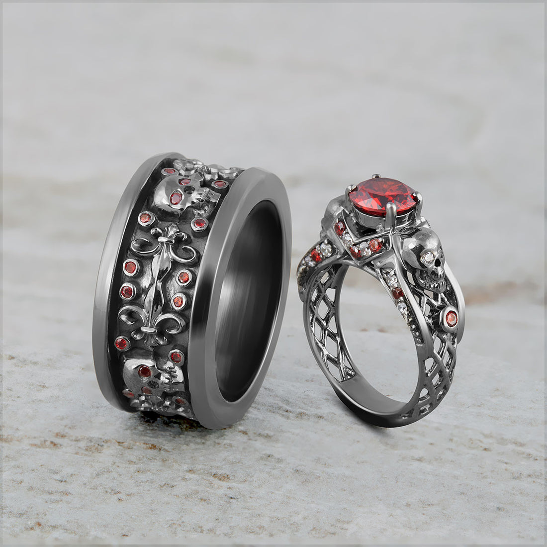 Garnet Skull Engagement Ring Set