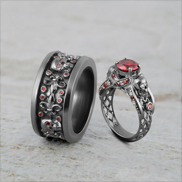Garnet Skull Engagement Ring Set