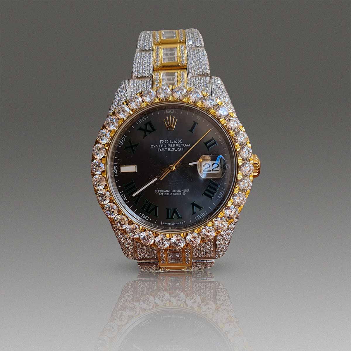 Moissanite Diamond Iced Out Rolex Watch Grey Dial Automatic Swiss ETA Analog Two Tone