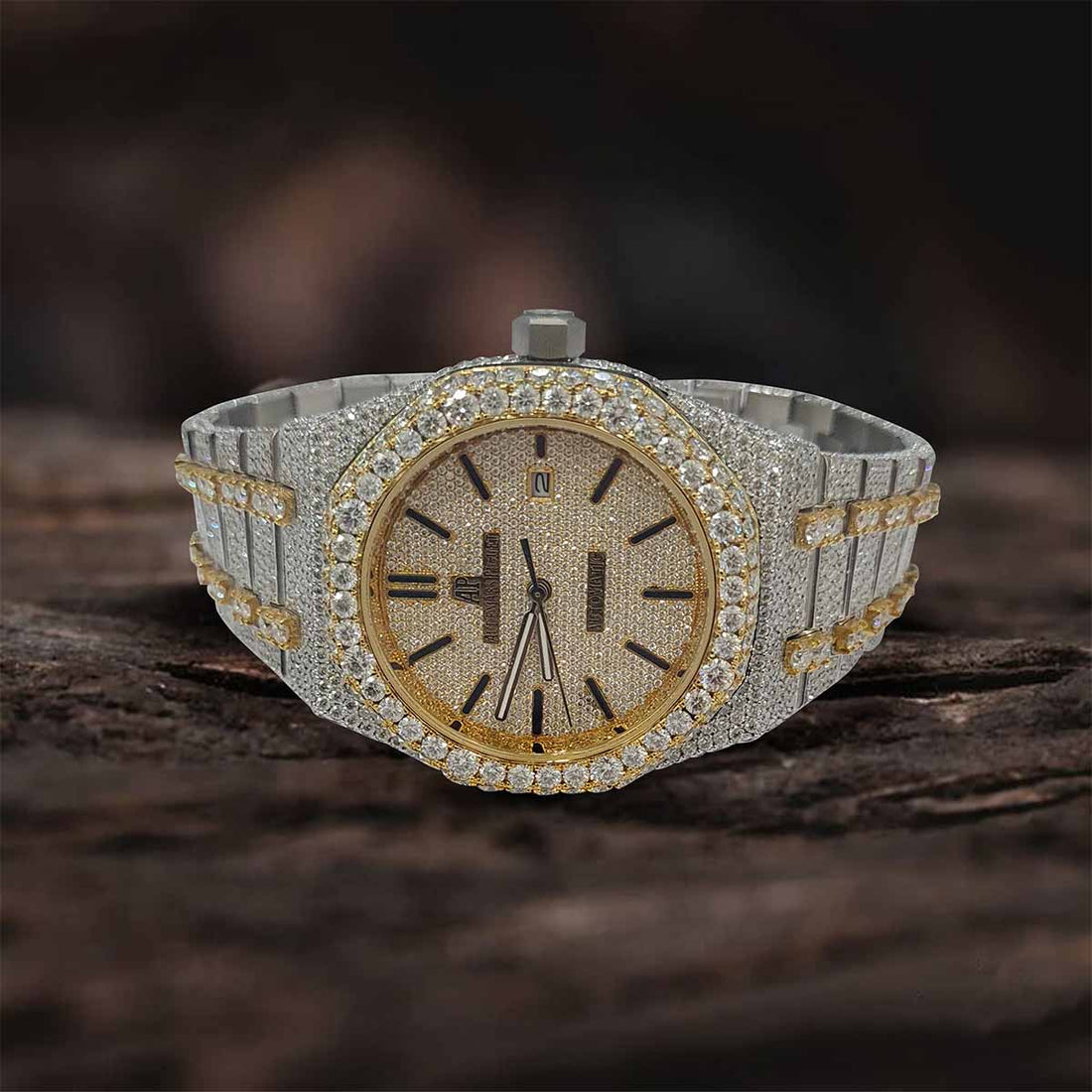Iced Out Watch Audemars Piguet Royal Oak Automatic CZ Diamond Two Tone