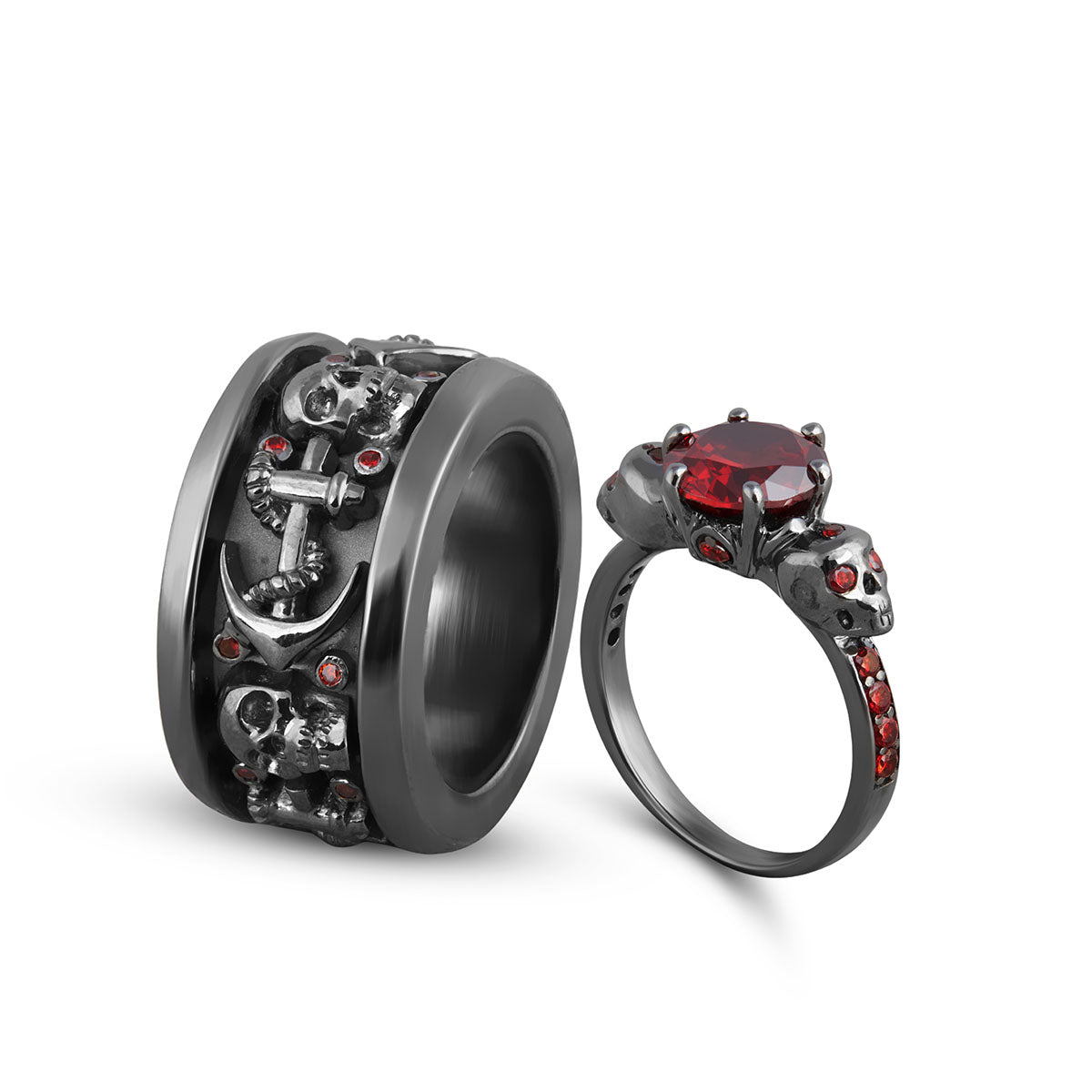 Vampire Skull Promise Ring Set Red Garnet Matching Skull Rings Couple
