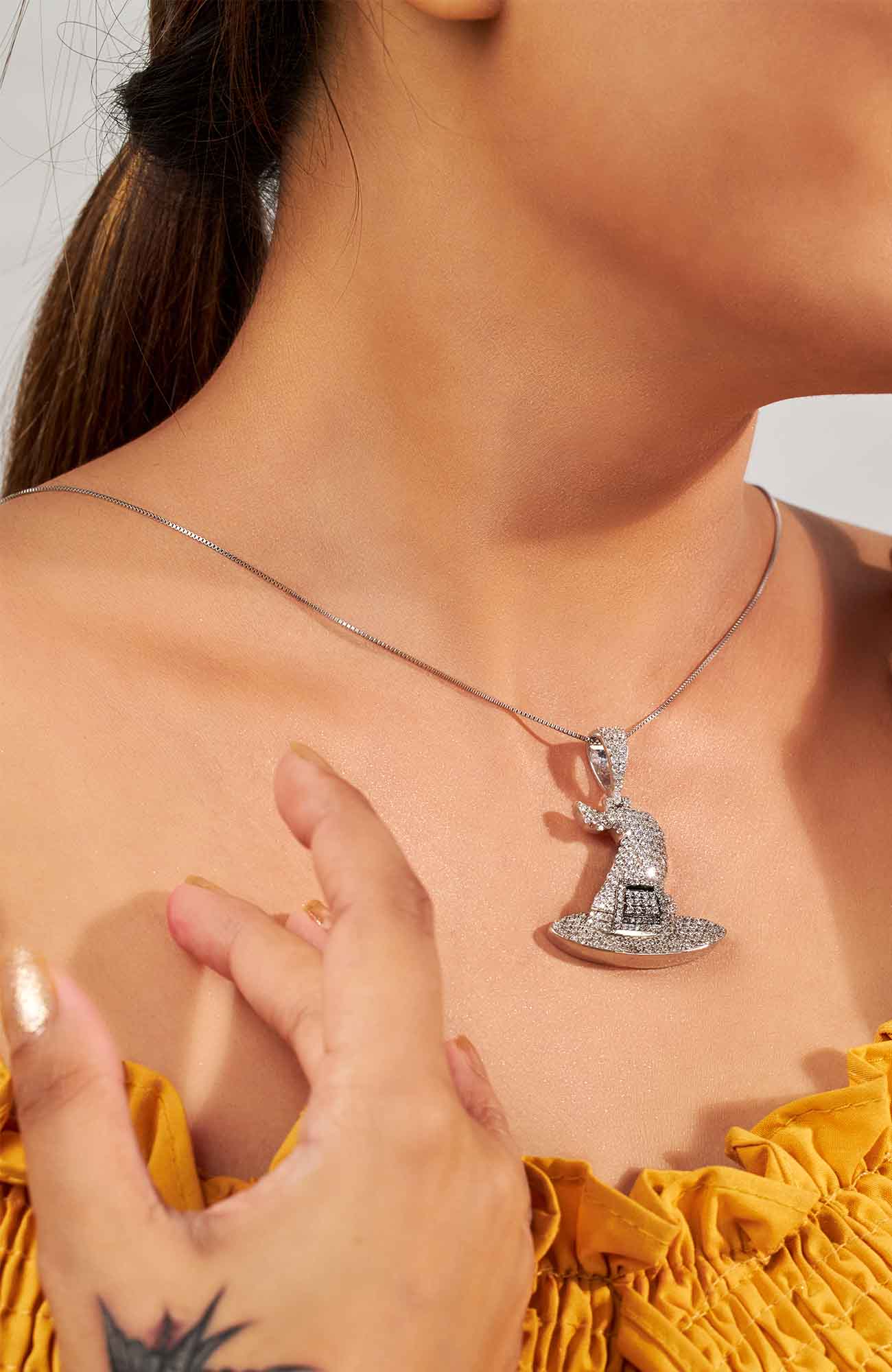Iced Out Witch Hat Pendant Necklace With Chain Halloween Gothic Hip Hop Jewelry