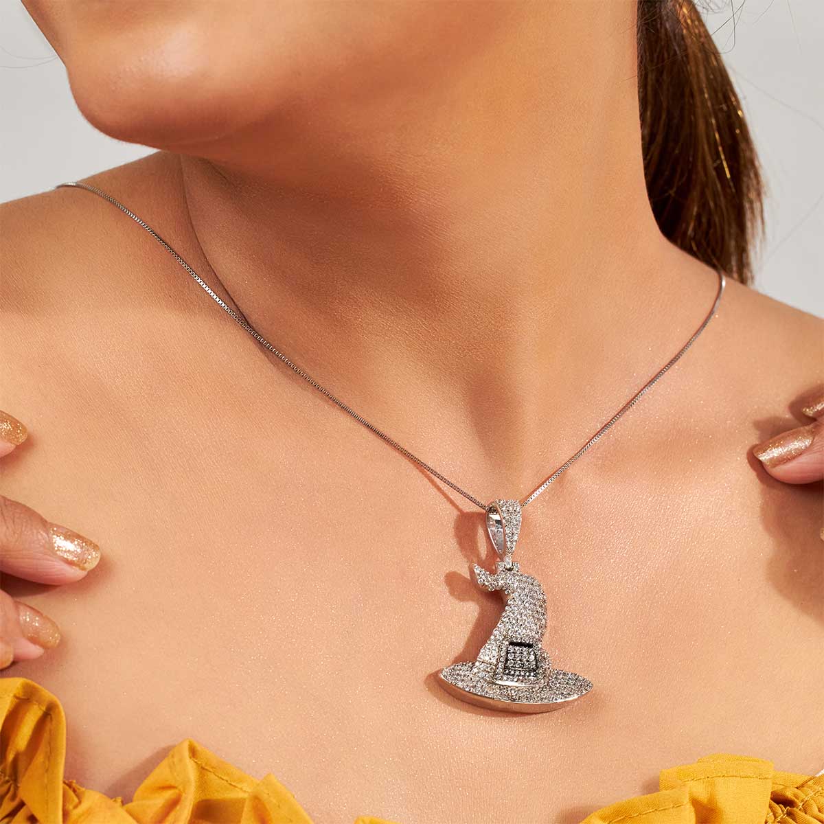 Iced Out Witch Hat Pendant Necklace With Chain Halloween Gothic Hip Hop Jewelry