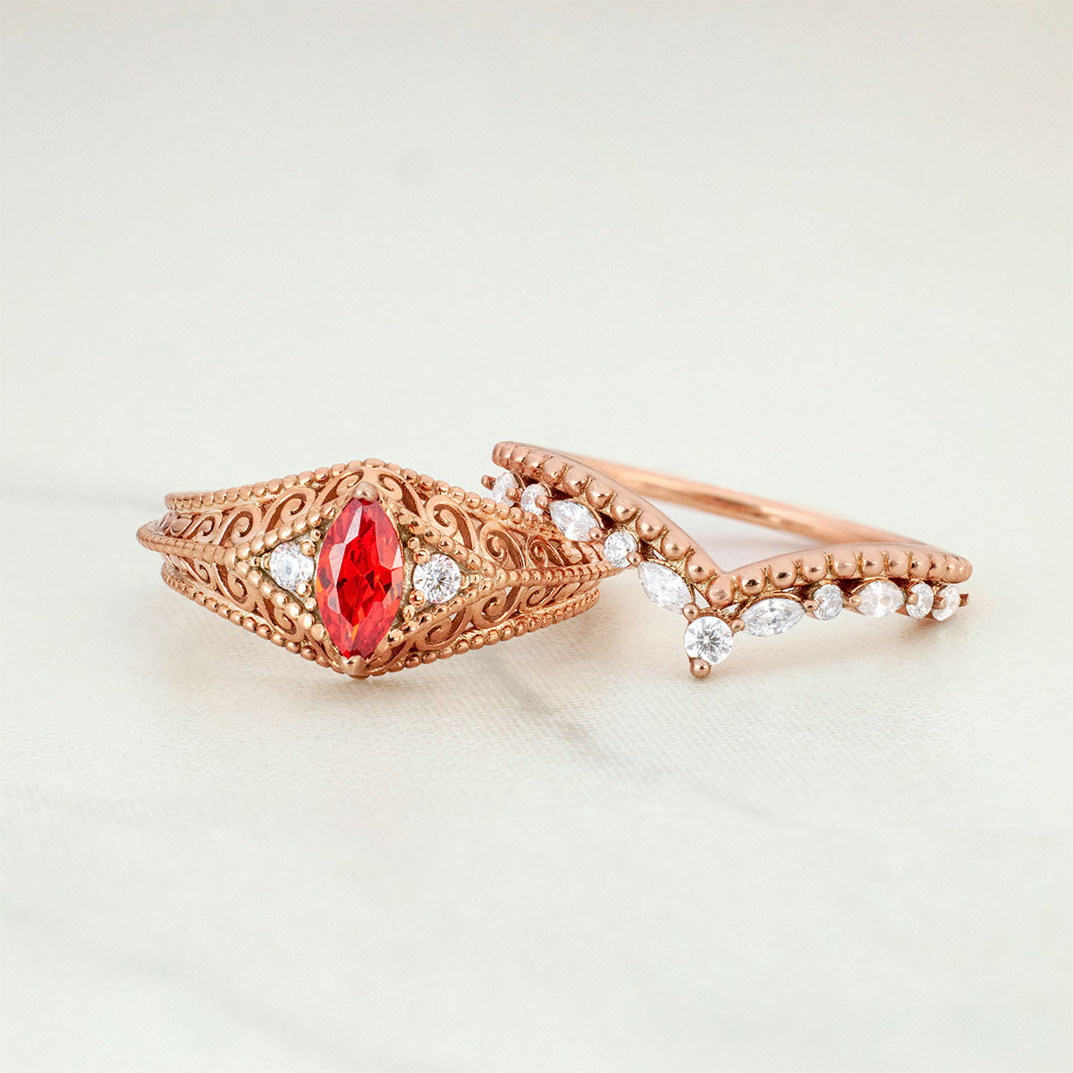 Art Deco Engagement Ring Set Filigree Milgrain Marquise Cut Orange Sapphire Chevron