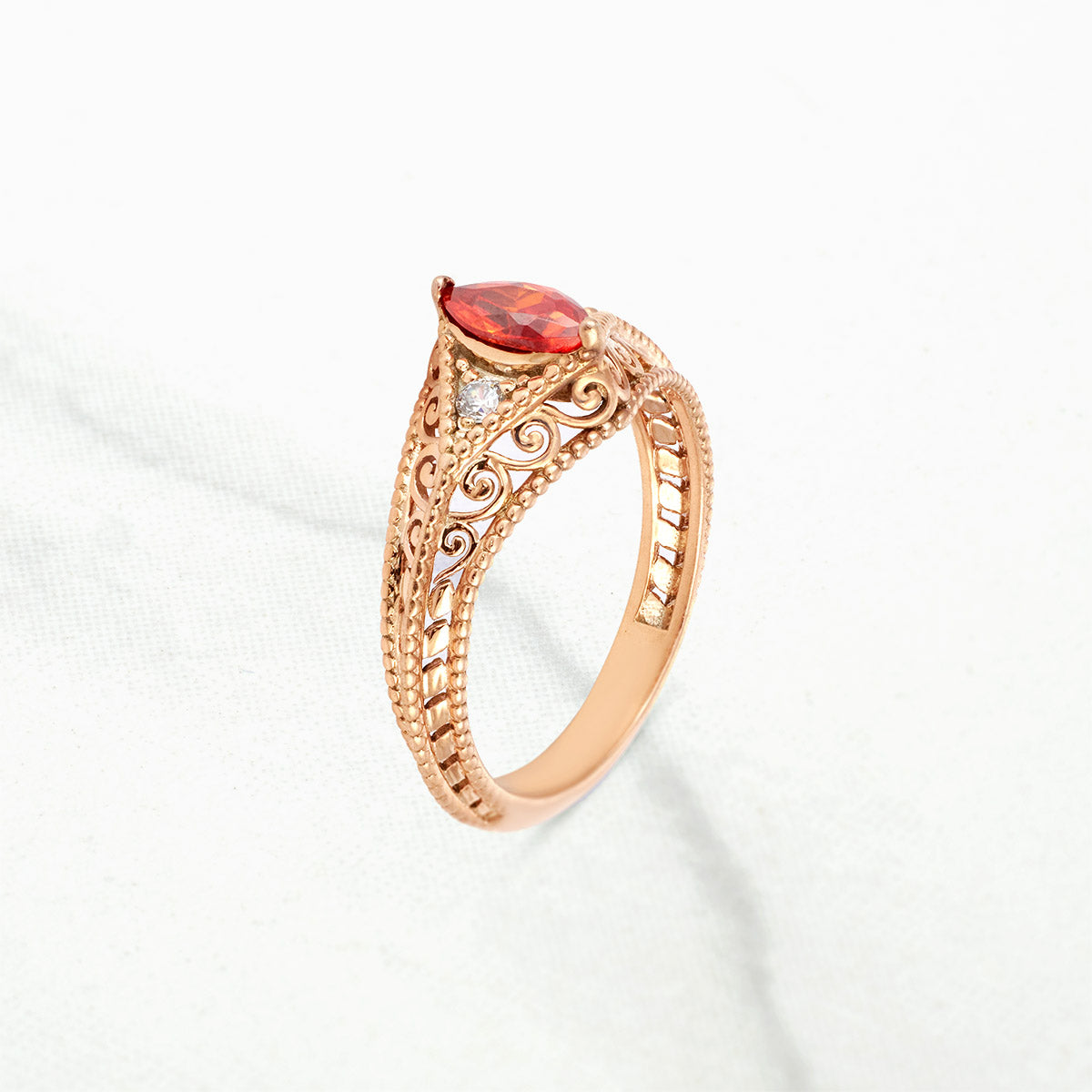 Art Deco Engagement Ring Set Filigree Milgrain Marquise Cut Orange Sapphire Chevron