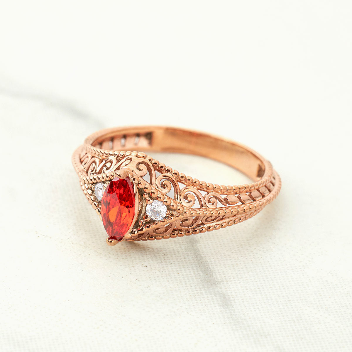 Art Deco Engagement Ring Set Filigree Milgrain Marquise Cut Orange Sapphire Chevron