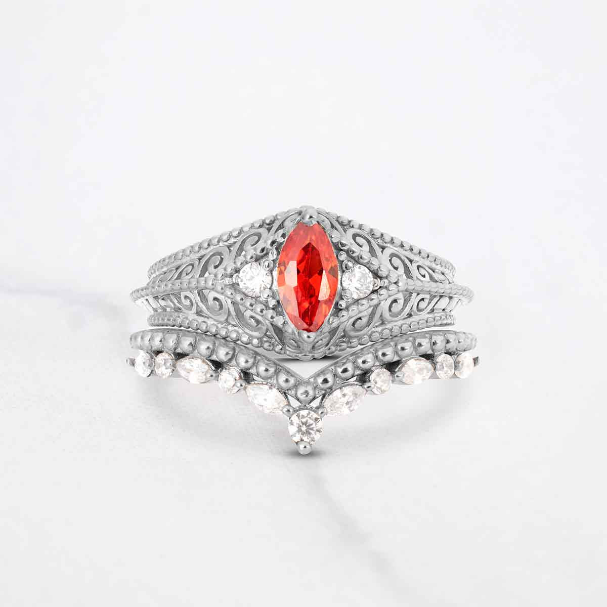 Art Deco Engagement Ring Set Filigree Milgrain Marquise Cut Orange Sapphire Chevron