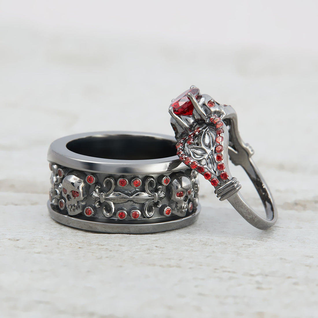 Garnet Floral Skull Wedding Rings