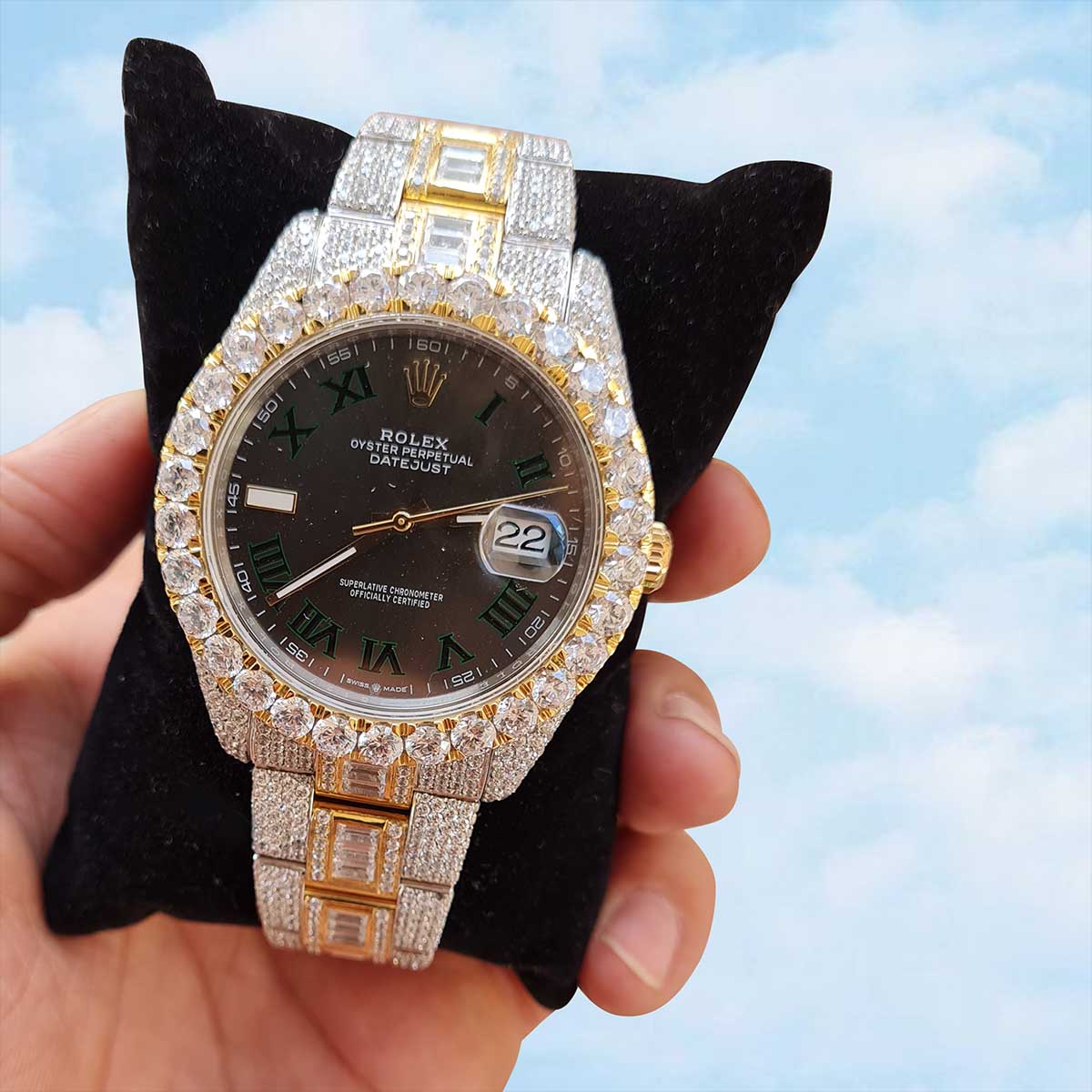 Moissanite Diamond Iced Out Rolex Watch Grey Dial Automatic Swiss ETA Analog Two Tone