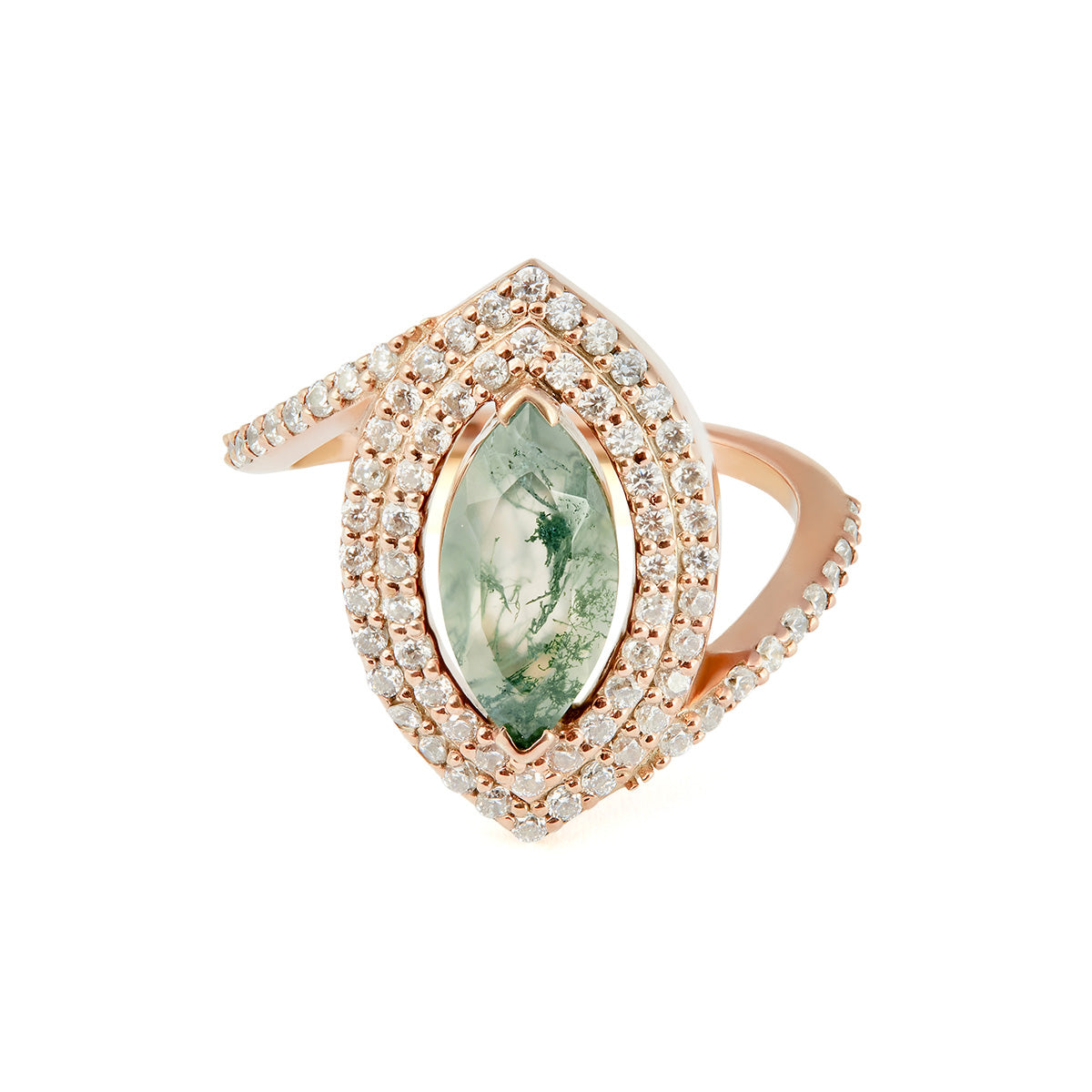 Marquise moss agate ring surrounded by a double diamond halo and a bypass band.