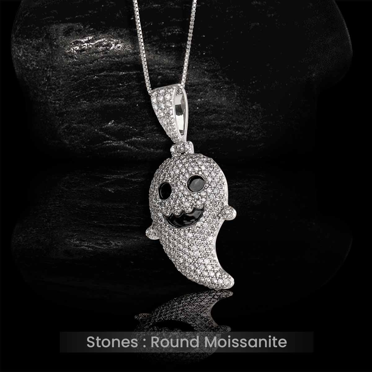 Moissanite Icedout Cute Ghost Pendant Necklace Locket With Chain Halloween Gothic Jewelry Sterling Silver