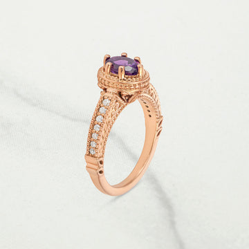 1920's Inspired Vintage Ring Oval Cut Amethyst Engagement Ring Art Deco Milgrain Rose Gold Sterling Silver