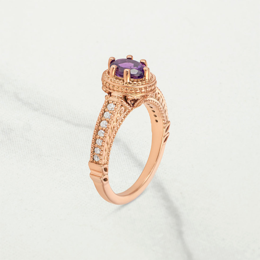 1920's Inspired Vintage Ring Oval Cut Amethyst Engagement Ring Art Deco Milgrain Rose Gold Sterling Silver
