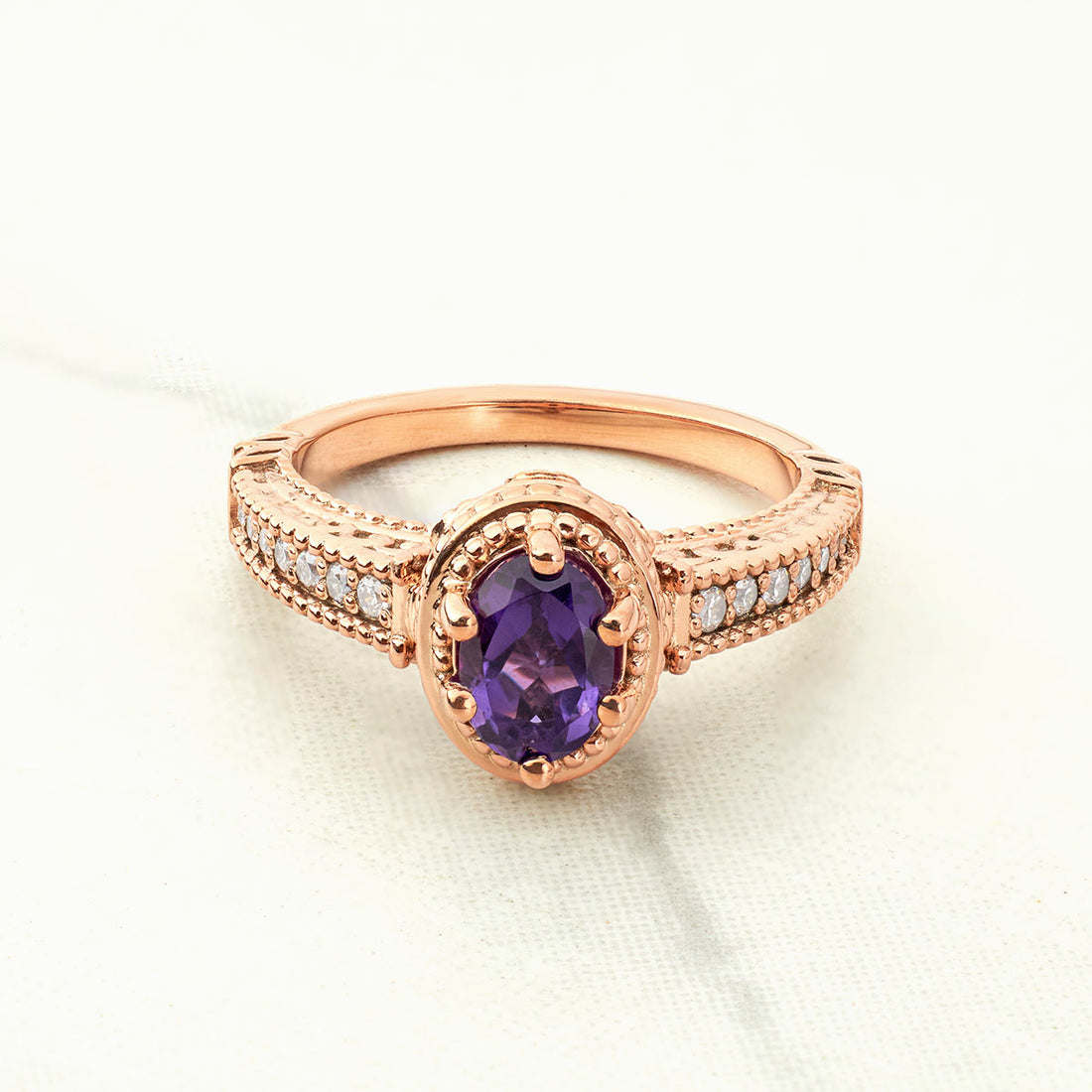 1920's Inspired Vintage Ring Oval Cut Amethyst Engagement Ring Art Deco Milgrain Rose Gold Sterling Silver