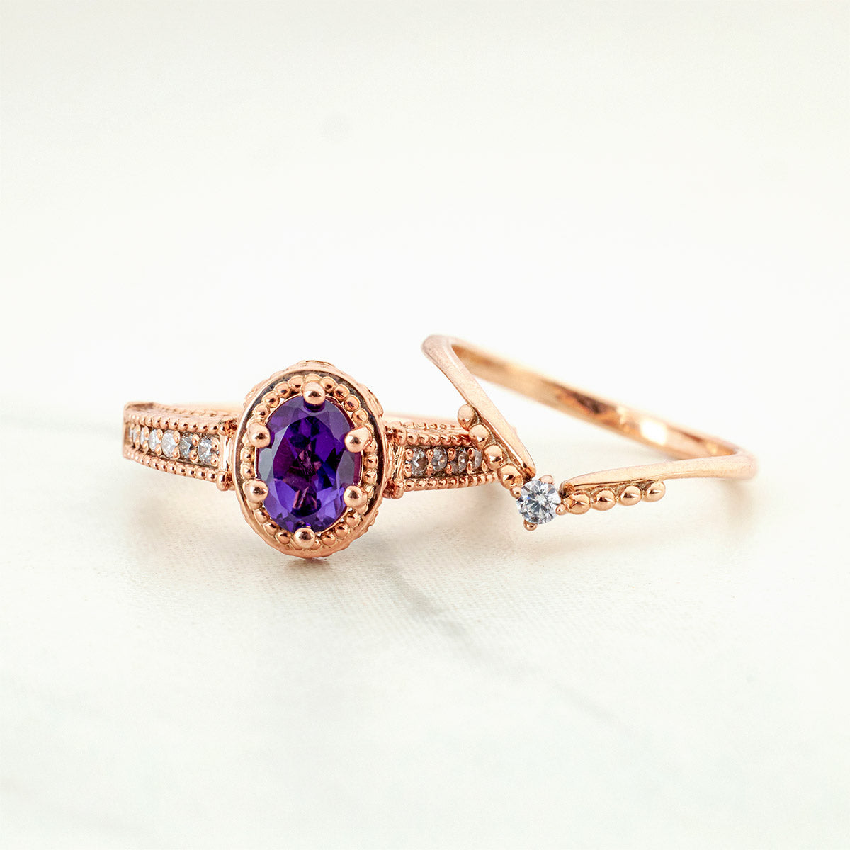 1920's Vintage Inspired Engagement Ring Set Oval Cut Amethyst