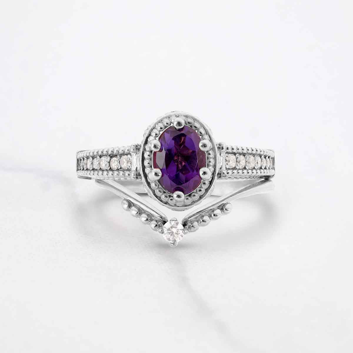 1920's Vintage Inspired Engagement Ring Set Oval Cut Amethyst