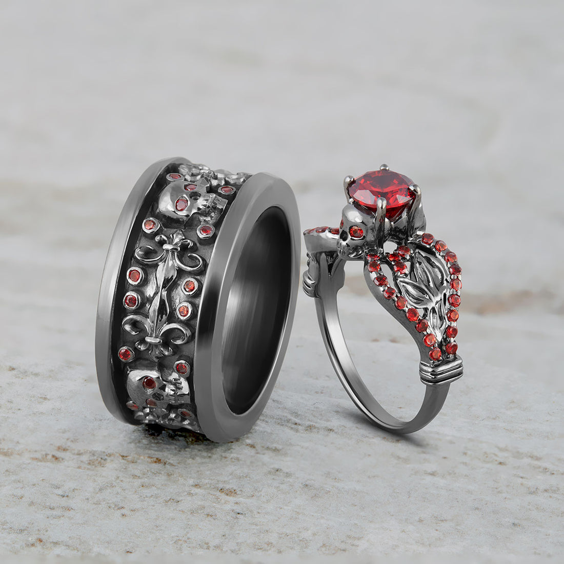 Garnet Floral Skull Wedding Rings