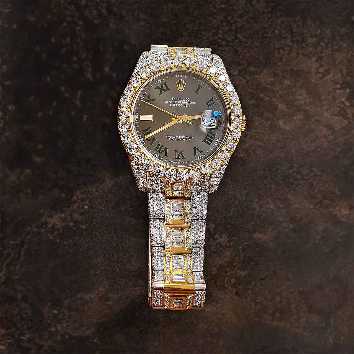 Moissanite Diamond Iced Out Rolex Watch Grey Dial Automatic Swiss ETA Analog Two Tone