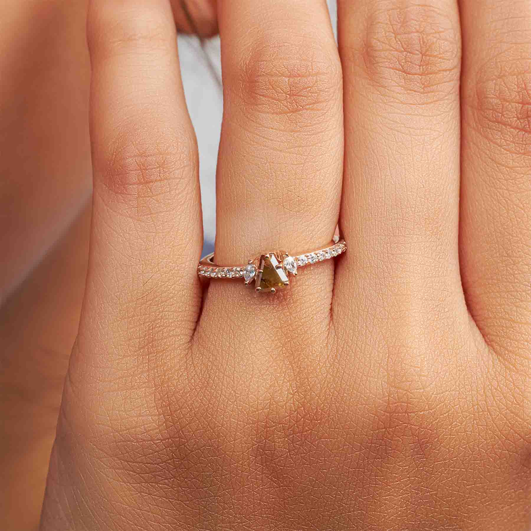 Fancy colored natural rustic diamond coffin cut engagement ring