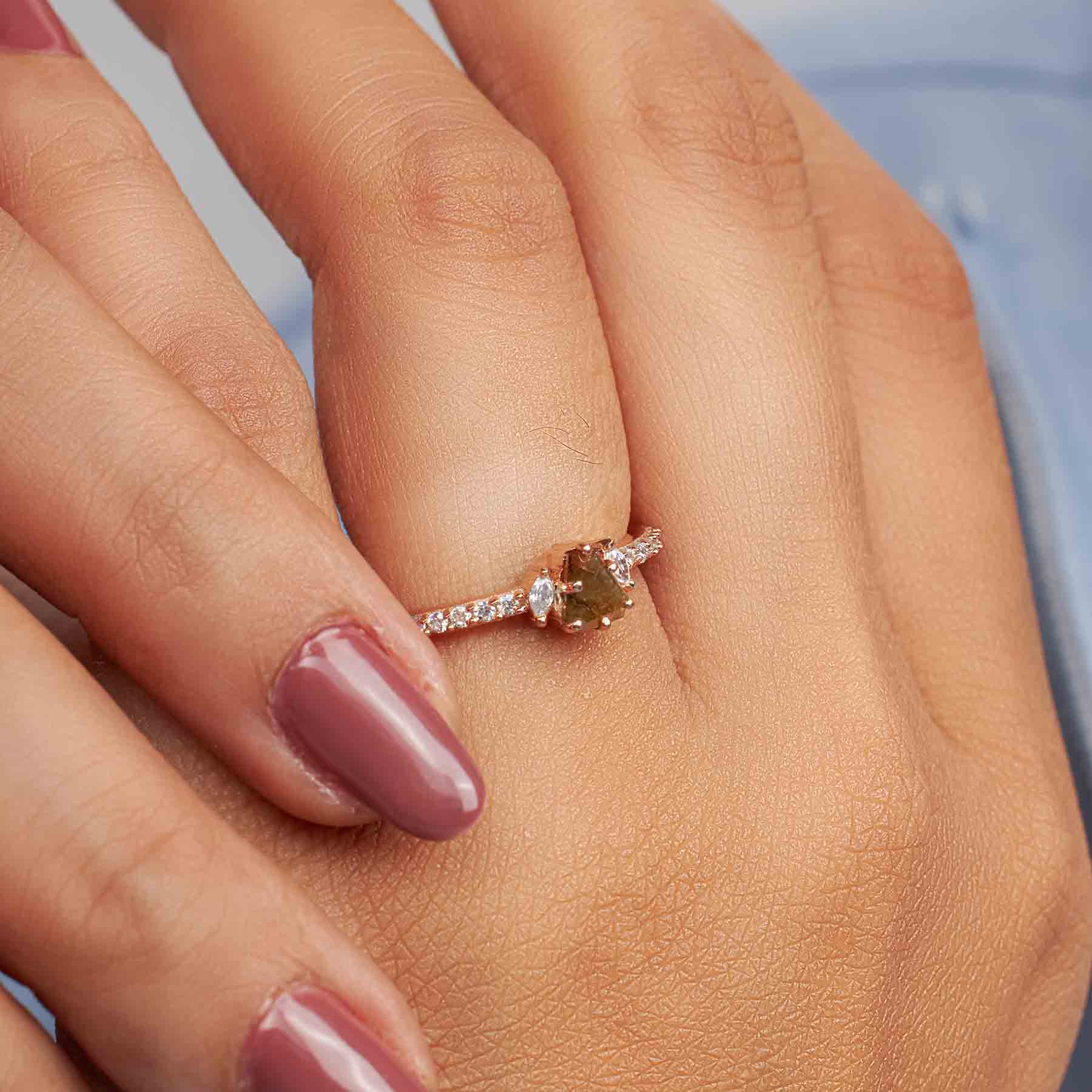 Fancy colored natural rustic diamond coffin cut engagement ring