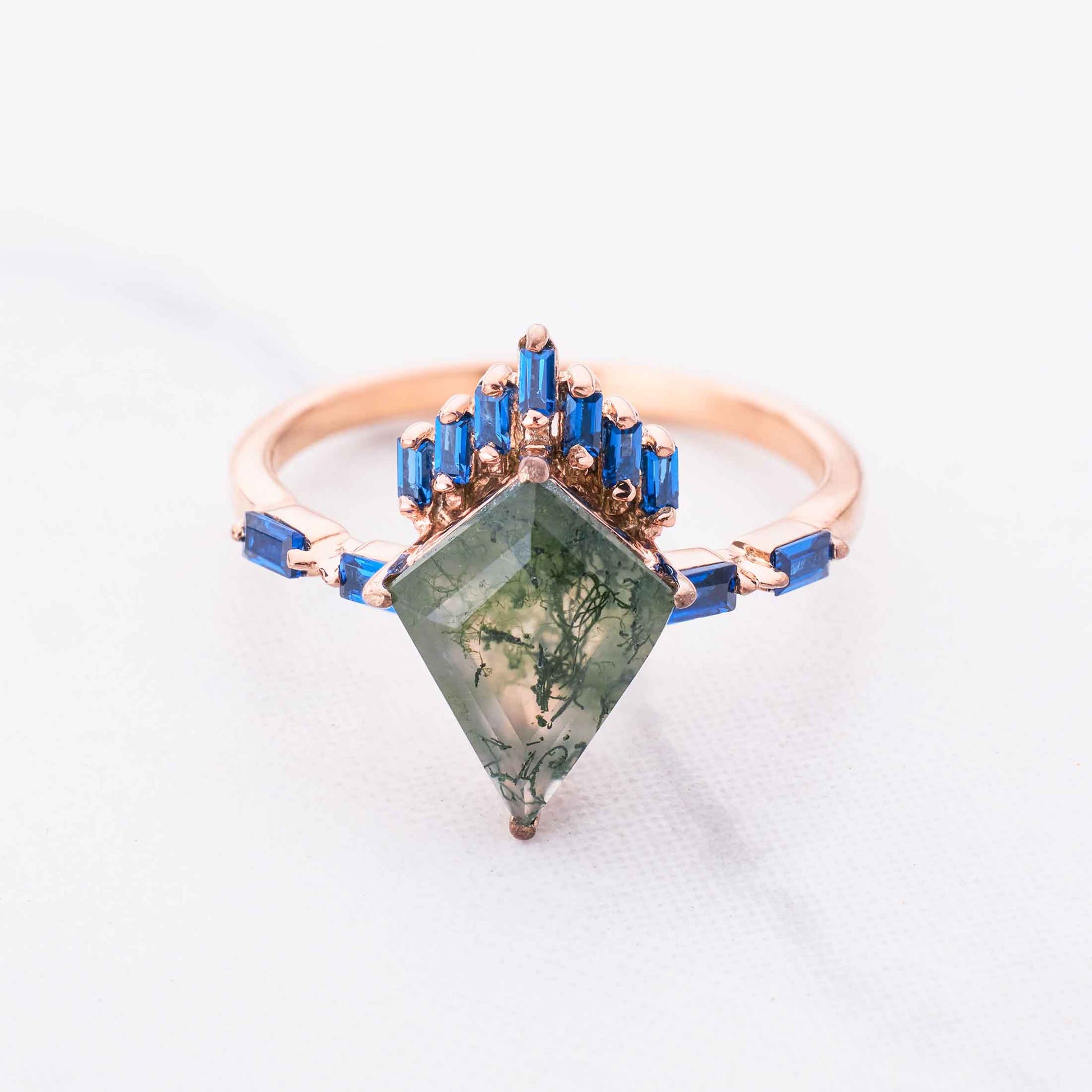 Kite Cut Moss Agate Ring Rose Gold Statement Engagement Rings