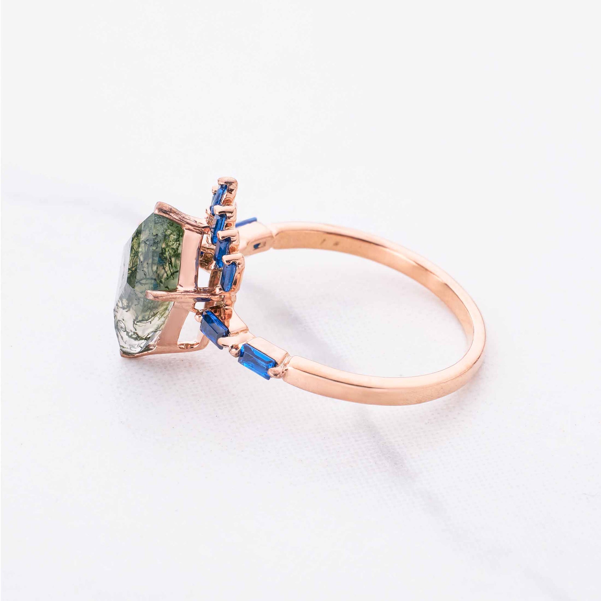 Kite Cut Moss Agate Ring Rose Gold Statement Engagement Rings