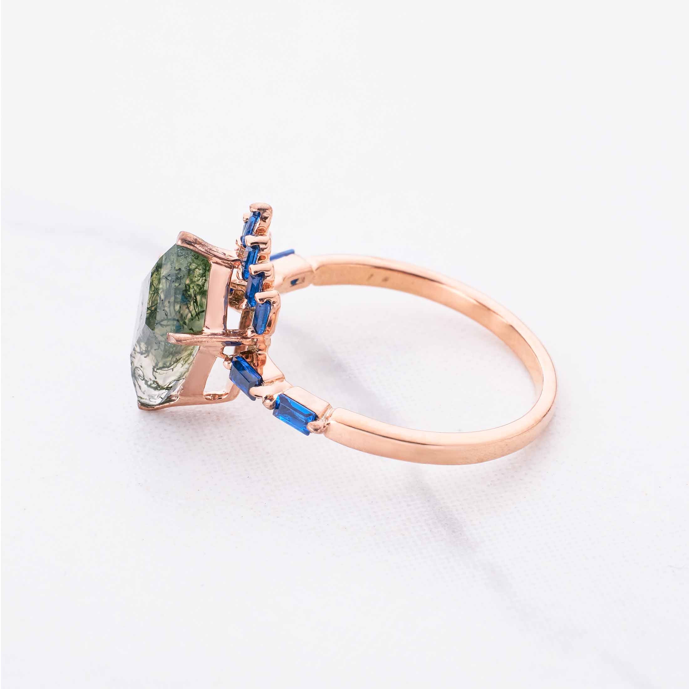 Kite Cut Moss Agate Ring Rose Gold Statement Engagement Rings