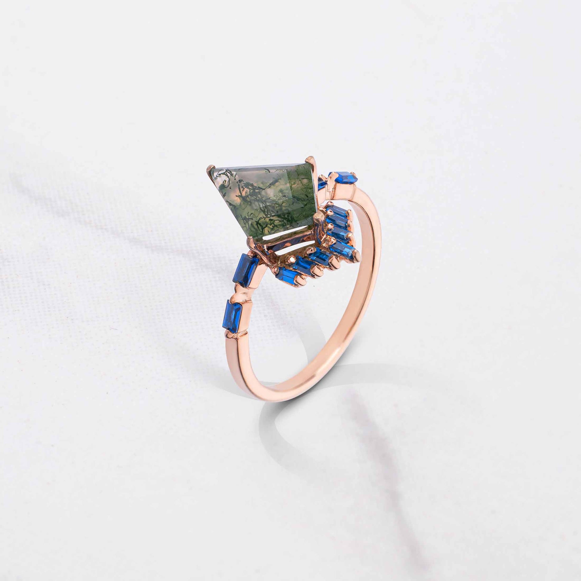 Kite Cut Moss Agate Ring Rose Gold Statement Engagement Rings