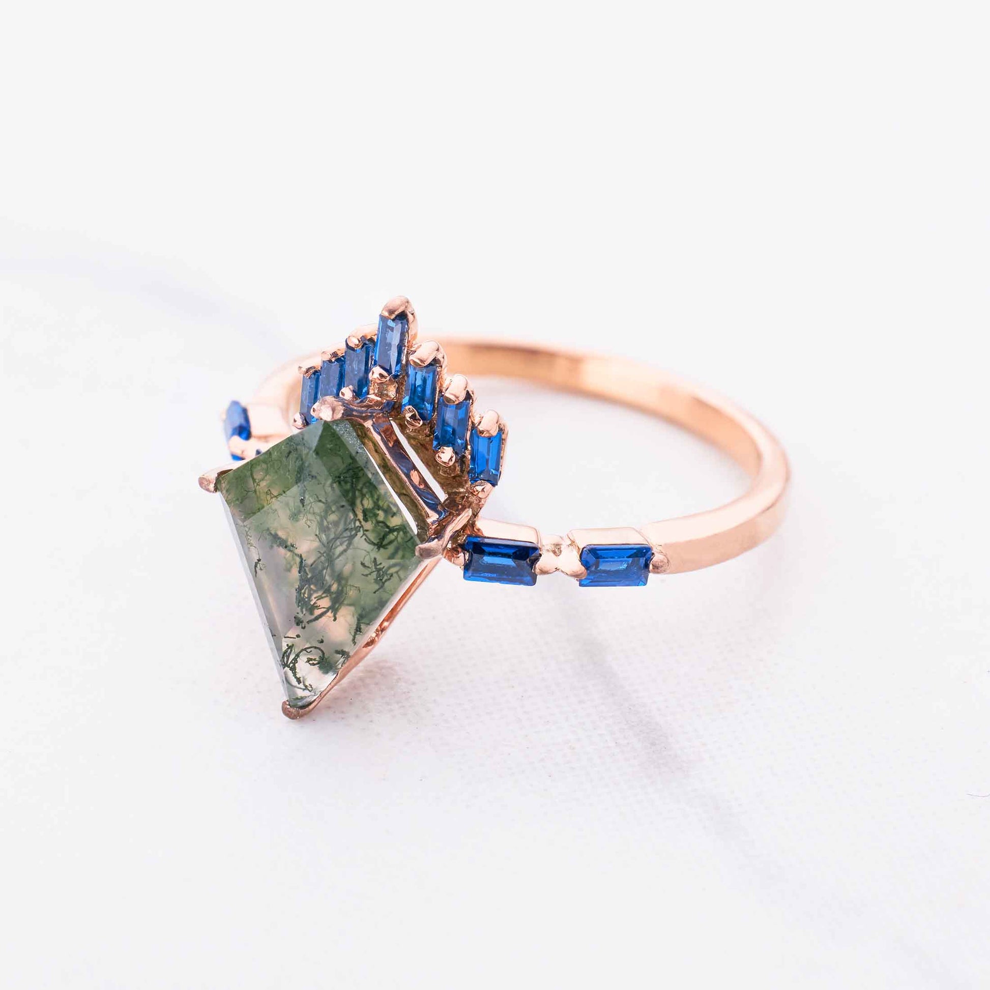 Kite Cut Moss Agate Ring Rose Gold Statement Engagement Rings