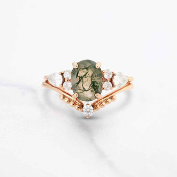 Oval Moss Agate Bridal Ring Set Aesthetic Nature Inspired Jewelry