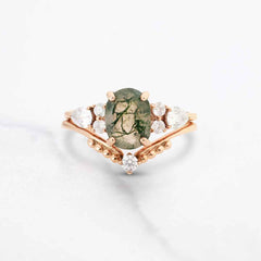 Moss Agate and Moissanite Bridal Ring Set Engagement Rings