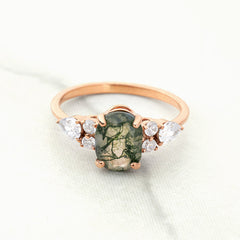 Oval Cut Moss Agate Engagement Ring Healing Gemstone Ring