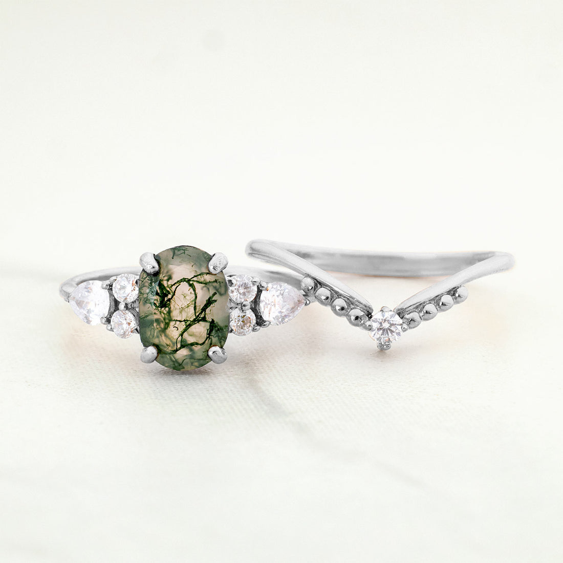 Oval Moss Agate Bridal Ring Set Aesthetic Nature Inspired Jewelry