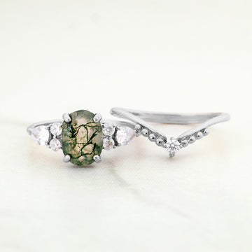 Oval Moss Agate Bridal Ring Set Aesthetic Nature Inspired Jewelry