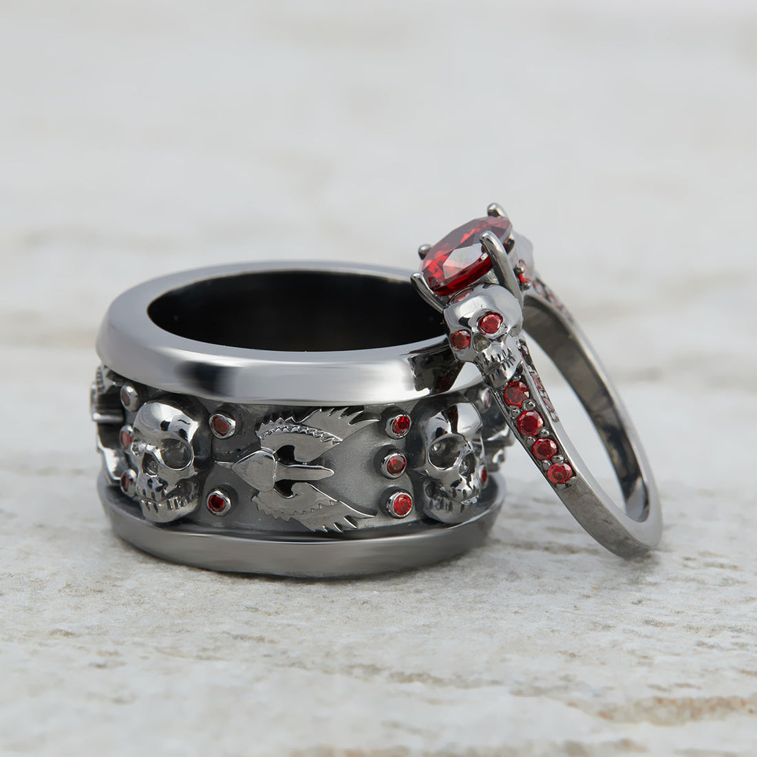 Matching Skull Engagement Ring Set