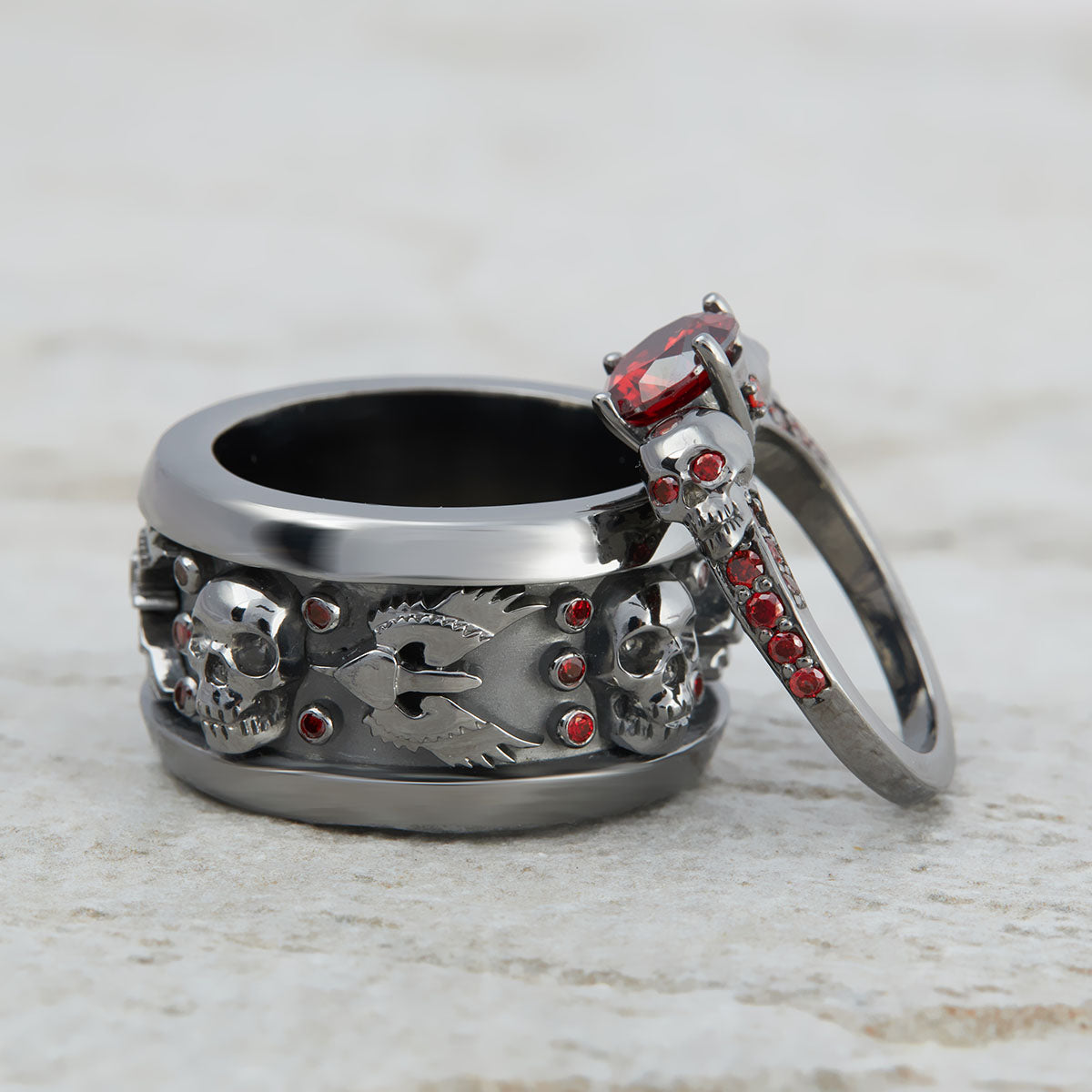 Matching Skull Engagement Ring Set