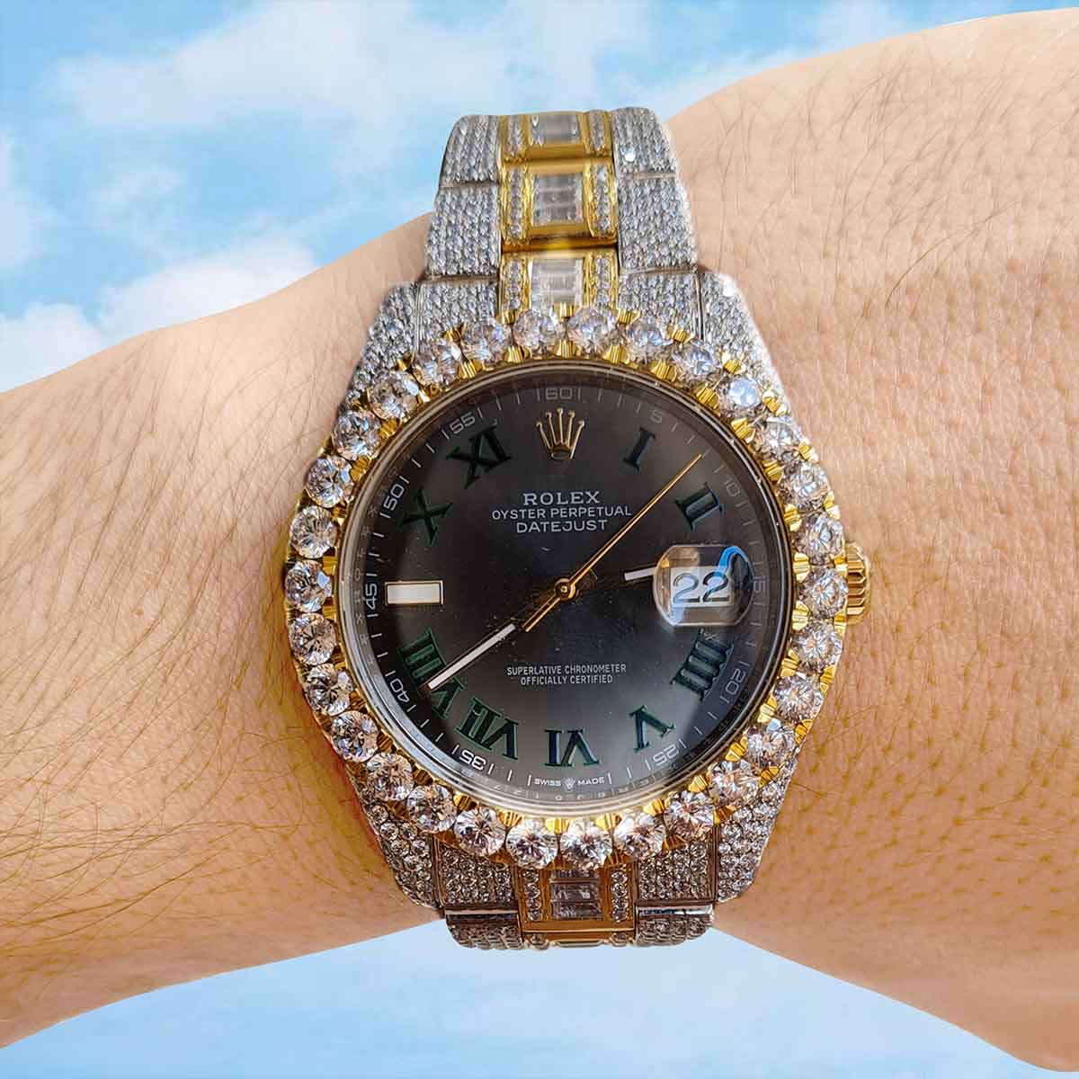 Moissanite Diamond Iced Out Rolex Watch Grey Dial Automatic Swiss ETA Analog Two Tone