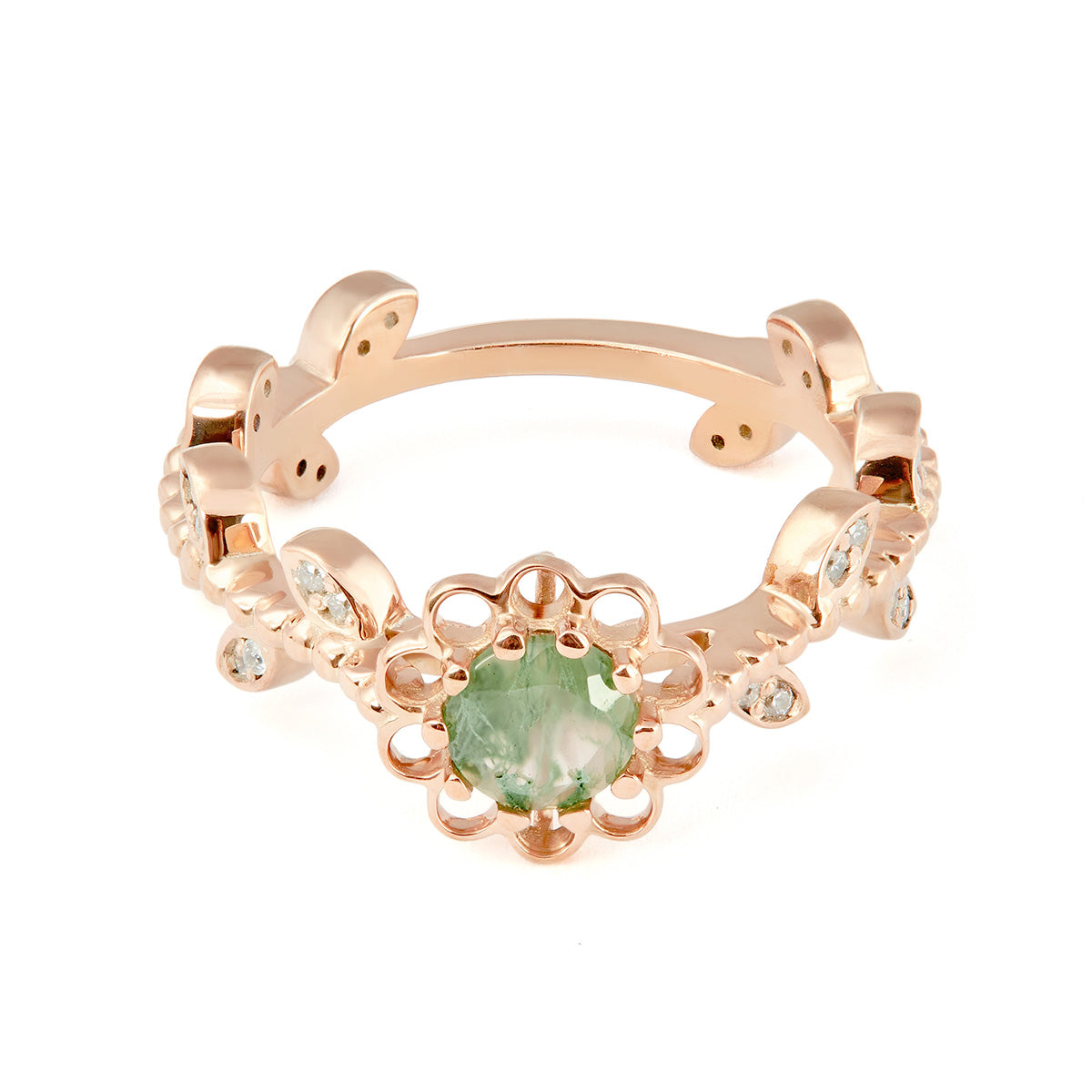 Floral ring featuring a round green moss agate center stone and diamond-accented leaves.