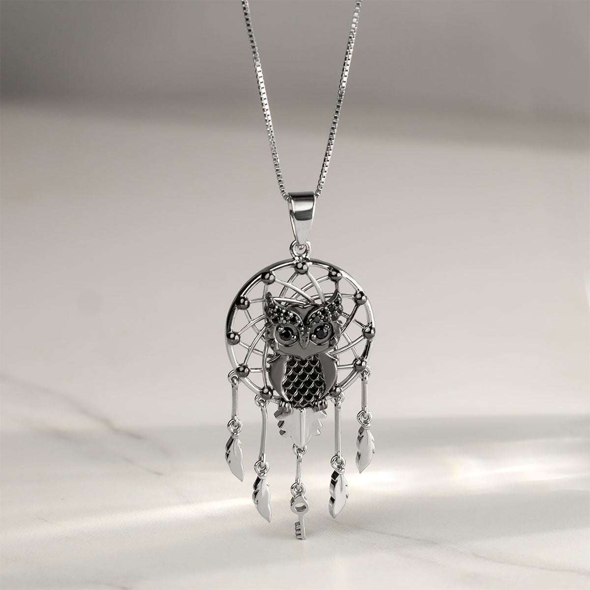 Owl Dreamcatcher Pendant Necklace With Chain Protection Pendant Feather Charm Owl Jewelry