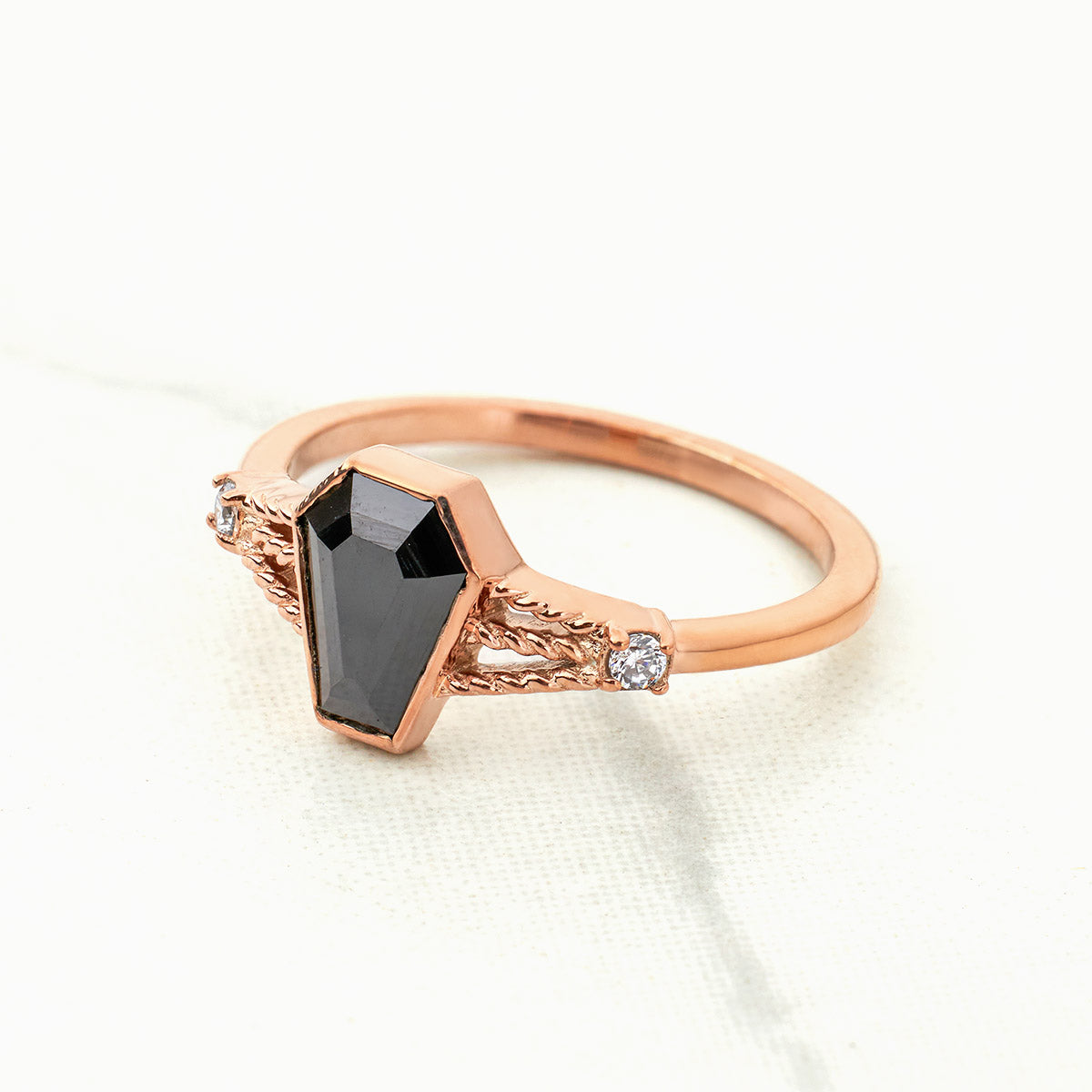 Black Spinel Coffin Engagement Ring Set Gothic Wedding Rings