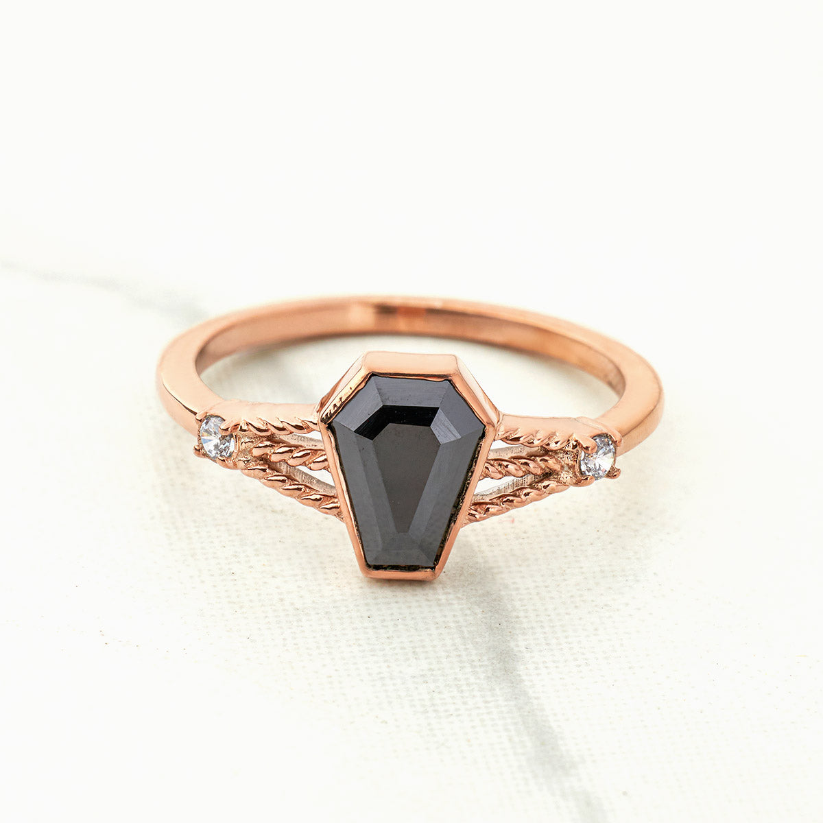 Black Spinel Coffin Ring Coffin Cut Gemstone Engagement Ring Rose gold Sterling Silver