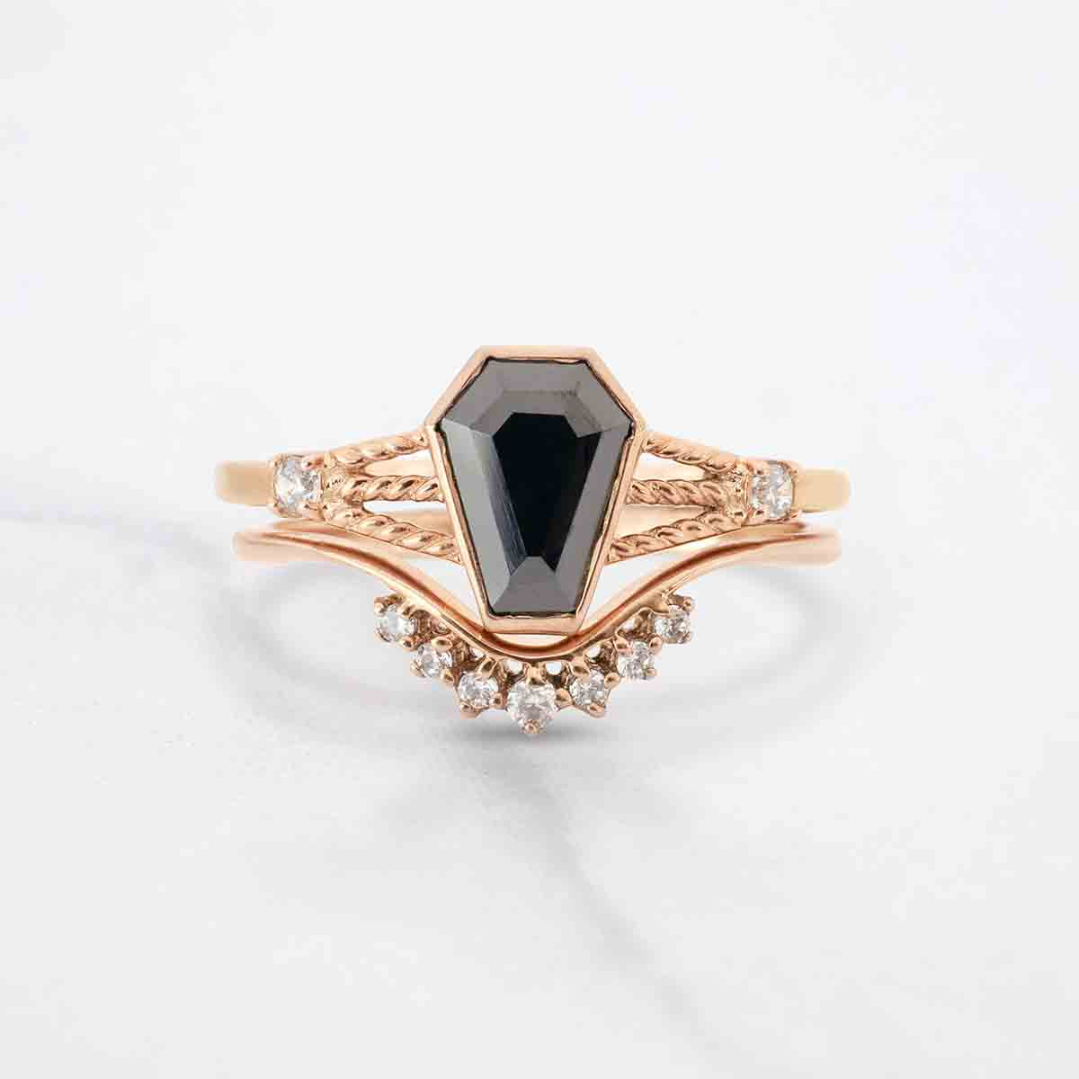 Black Spinel Coffin Engagement Ring Set Gothic Wedding Rings